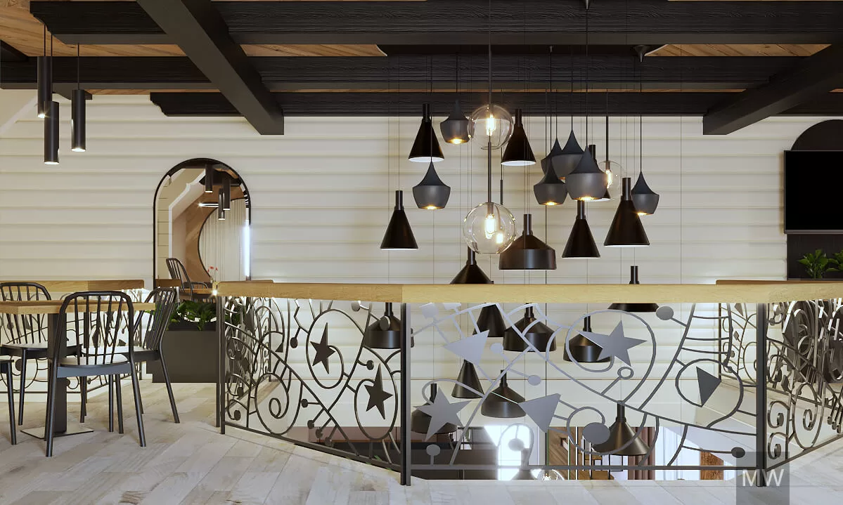Randare 3d proiect restaurant cabana de munte_multe, corpuri de iluminat atarnate printre etaje, tavan acoperit cu lemn periat, balustrada din metal, grinzi negre, mostwanted Randare 3d proiect restaurant cabana de munte_multe, corpuri de iluminat atarnate printre etaje, tavan acoperit cu lemn periat, balustrada din metal, grinzi negre, mostwanted