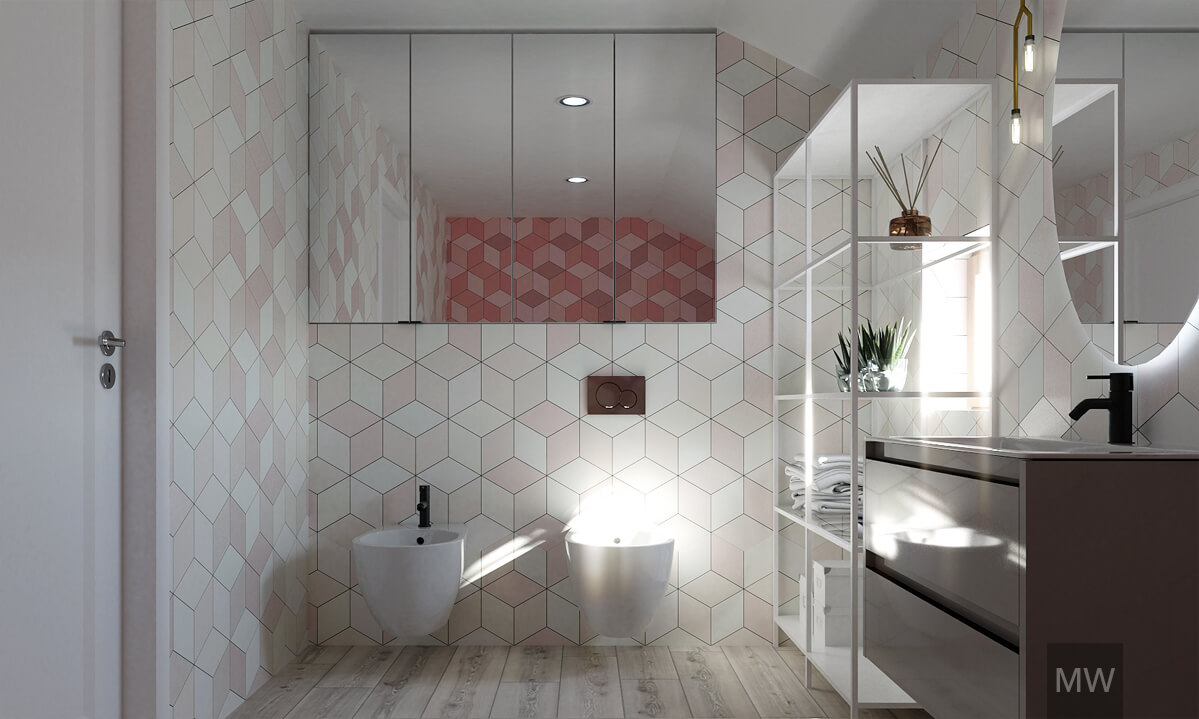 randare baie cu hexagoane, roz si alb, most wanted design randare baie cu hexagoane, roz si alb, most wanted design