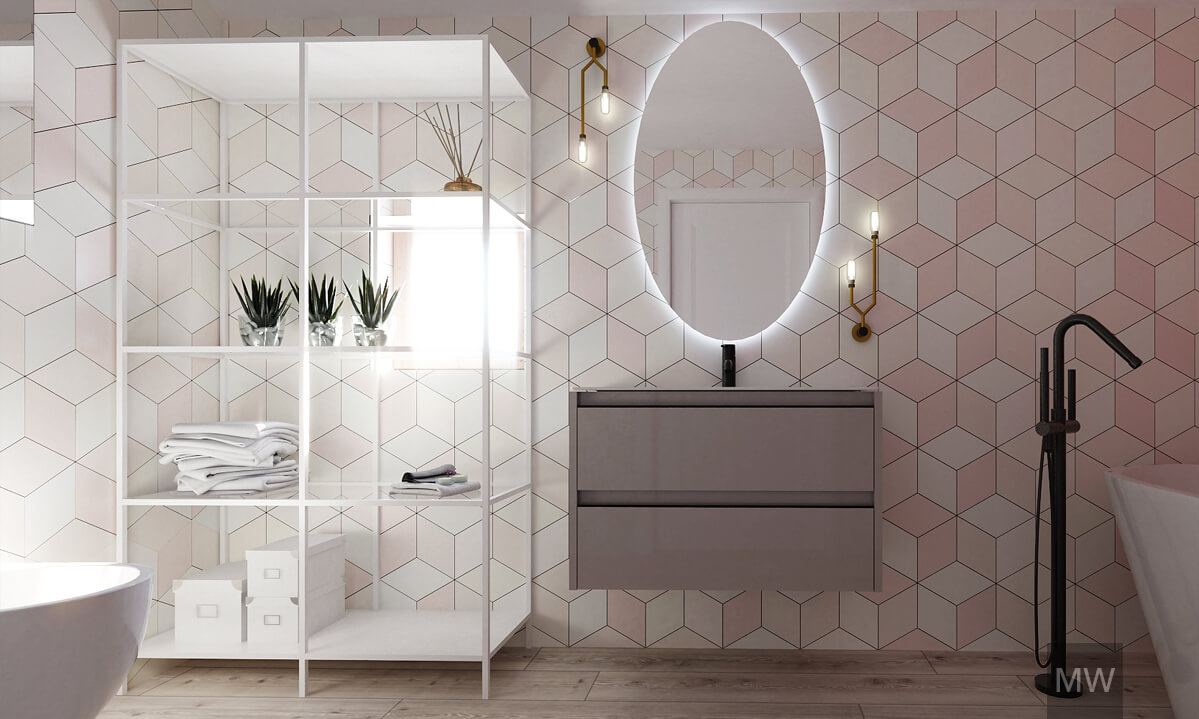 randare cu oglinda iluminata led, hexagoane roz si cada free standing randare cu oglinda iluminata led, hexagoane roz si cada free standing