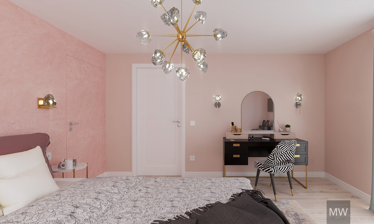 masa toaletaj in dormitor cu pereti roz si usa hide, randare 3d, design casa, cluj masa toaletaj in dormitor cu pereti roz si usa hide, randare 3d, design casa, cluj
