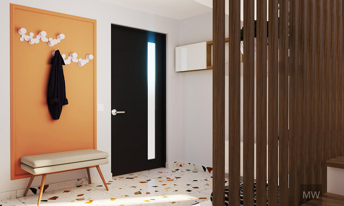 cuier si bancheta in hol, proiect de design casa, randare 3d cu gresie stracciatella cuier si bancheta in hol, proiect de design casa, randare 3d cu gresie stracciatella