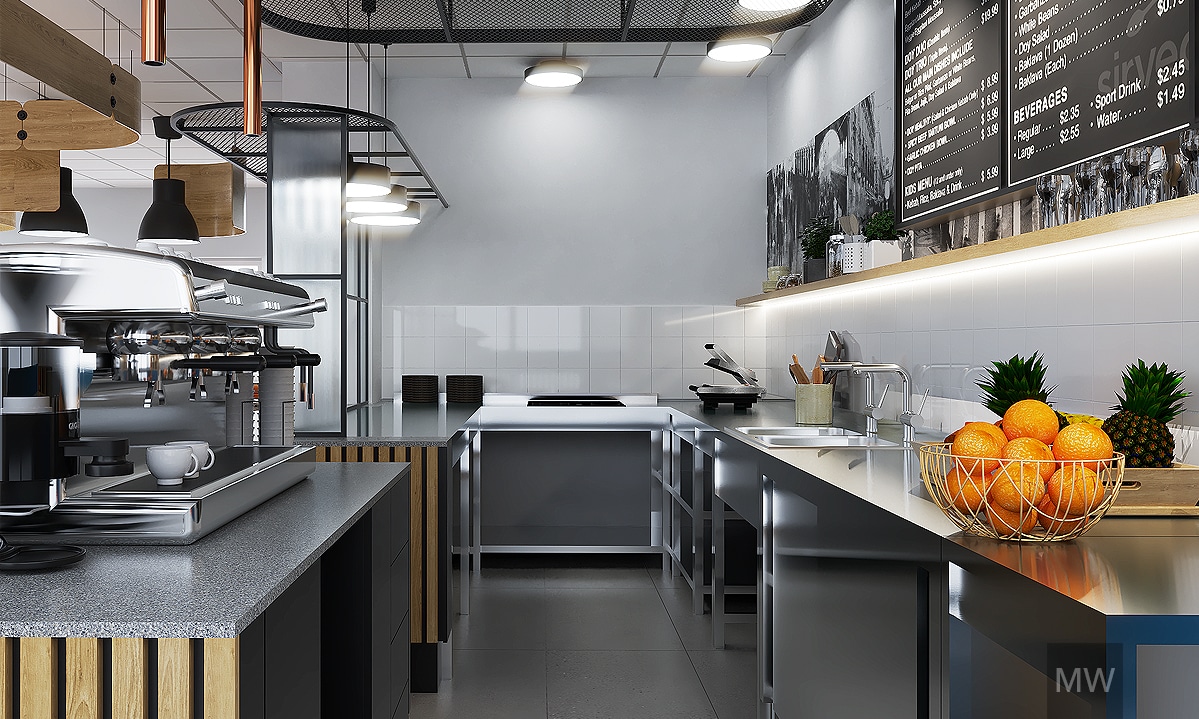 bucatarie cafenea chi din floresti corpuri de mobila inox si structura metalica neagra aparat cafea randare 3d, bucatarie cafenea chi din floresti corpuri de mobila inox si structura metalica neagra aparat cafea