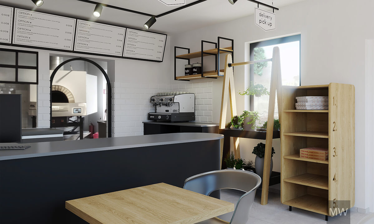 cupror pizza si zona cafetiera in restaurant cut&crust, meniu suspendat cupror pizza si zona cafetiera in restaurant cut&crust, meniu suspendat