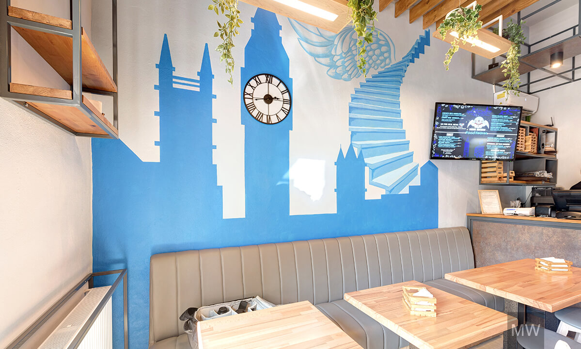 london brothers_cluj_restaurant_interior_design_mostwanted_showcase_03 peretele cu food heaven, siluete inspirate din arhitectura londoneza pictate pe perete cu albastru