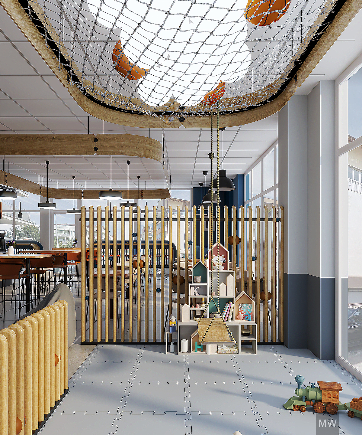 randare 3d zona de joaca chi cafe floresti cluj design by most wanted tavan cu plasa si mingi corpuri de iluminat negre si globuri randare 3d zona de joaca chi cafe floresti cluj design by most wanted tavan cu plasa si mingi corpuri de iluminat negre si globuri