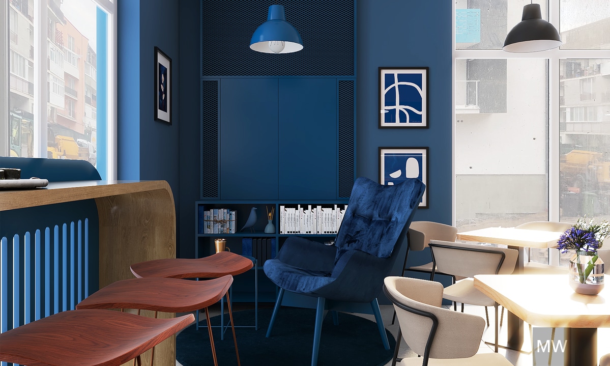 randare zona fotoliu albastru chi cafe floresti by most wanted design randare zona fotoliu albastru chi cafe floresti by most wanted design