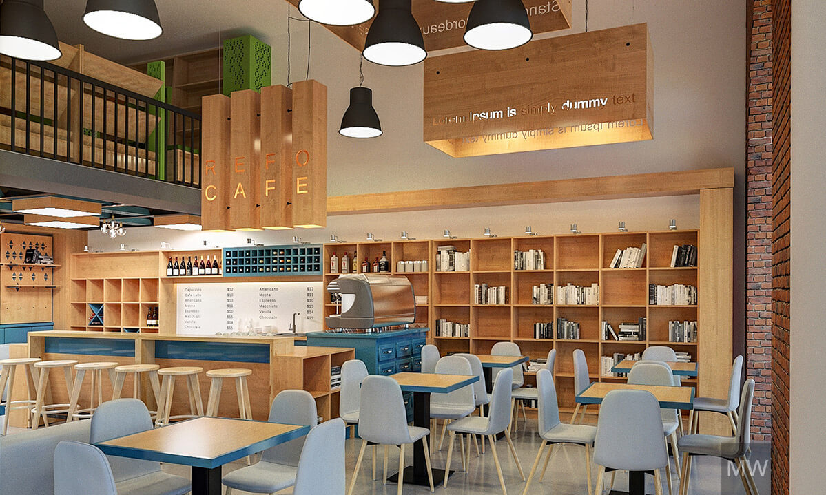 vedere spre bar, design interior cafenea, randare 3d, scaune cu tapiterie gri si elemente vopsite in albastru vedere spre bar, design interior cafenea, randare 3d, scaune cu tapiterie gri si elemente vopsite in albastru