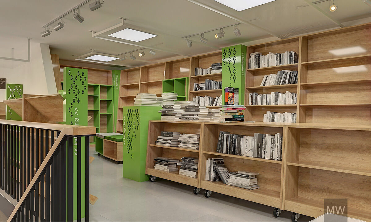 refo cafe design interior_mostwanted_showcase_11 randare 3d din zona de librarie, elemente modulare si polite mobile