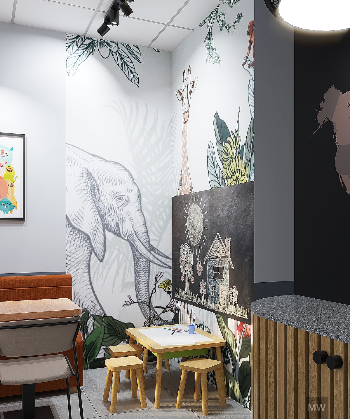 zona de joaca randare 3d tapet cu elefant scaune copii tabla de scris la chi cafe floresti cluj design interior by most wanted zona de joaca randare 3d tapet cu elefant scaune copii tabla de scris la chi cafe floresti cluj design interior by most wanted