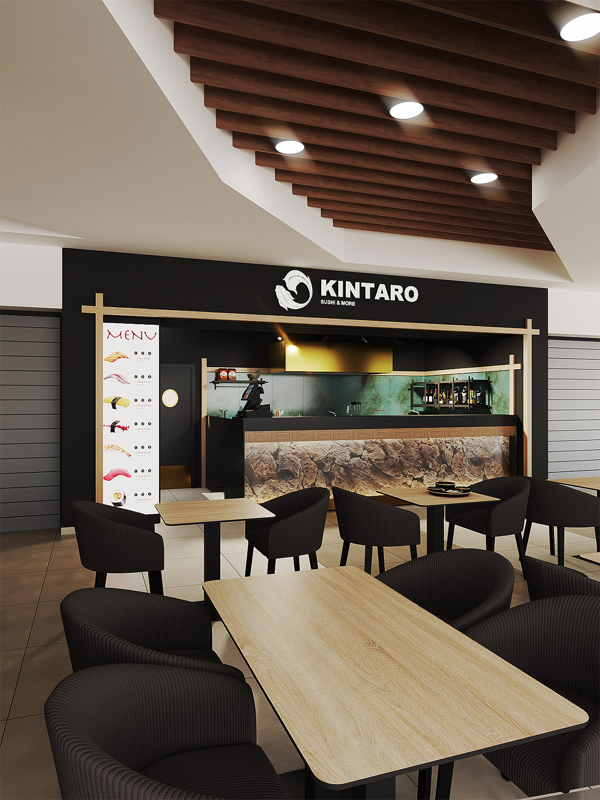 3d rendering_sushi bar design_most wanted design_oradea_lotus mall_chairs and bar view 3d rendering_sushi bar design_most wanted design_oradea_lotus mall_chairs and bar view