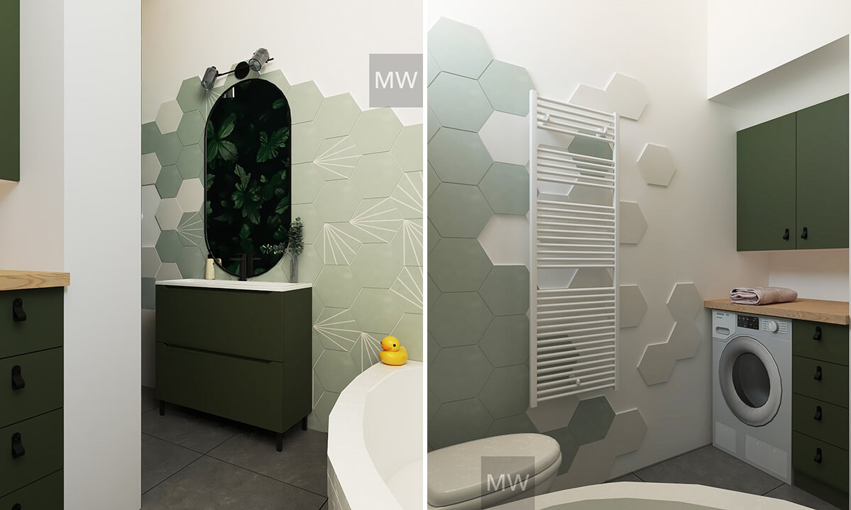 baie cu placi hexagonale olive si cada de colt, placi asezate neregular pe perete si masina de spalat incorporat, randari proiect reimprospatare interior casa mobila olive inchis si oglinda ovala