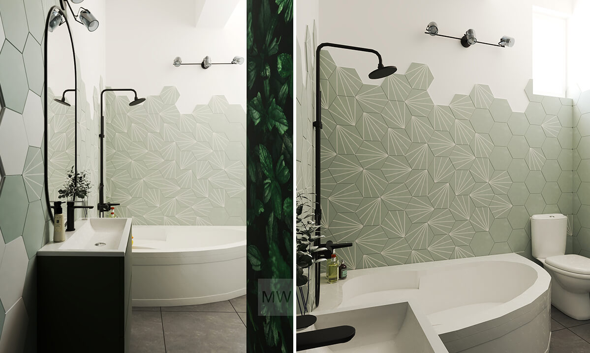 baie cu placi hexagonale olive si cada de colt, randari proiect reimprospatare interior casa randare baie cu cada de colt si faianta hexagonala olive, fototapet