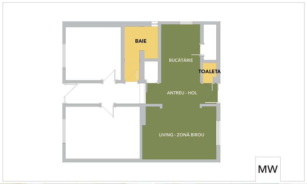 plan proiect reimprospatare interior casa, plan cu zonele modificate prin proiect planul casei din Cluj, cu zonele modificate