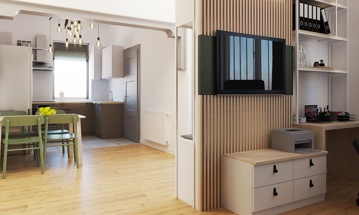vedere din living spre bucatarie si colt de lucru, randari proiect reimprospatare interior casa vedere din living spre bucatarie si colt de lucru, randari proiect reimprospatare interior casa