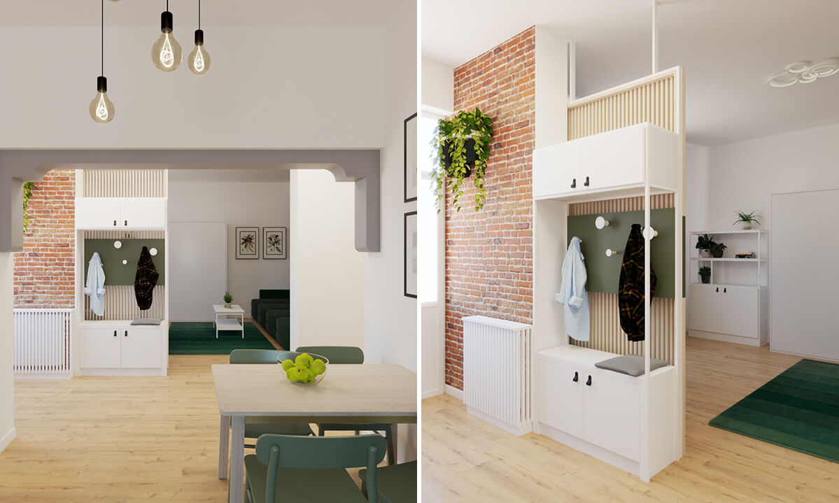 zona de dining cu vedere spre antreu si living, perete cu caramida aparenta si mobila cu structuri metalice, randari proiect reimprospatare interior casa zona de dining cu vedere spre antreu si living, perete cu caramida aparenta si mobila cu structuri metalice, randari proiect reimprospatare interior casa