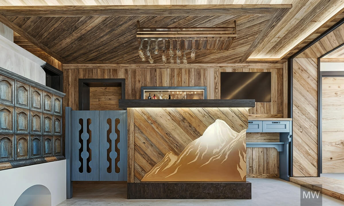 Design interior pensiune - bar rustic contemporan Bar cu design rustic și modern, cu tavan din lemn și un panou albastru-gri.