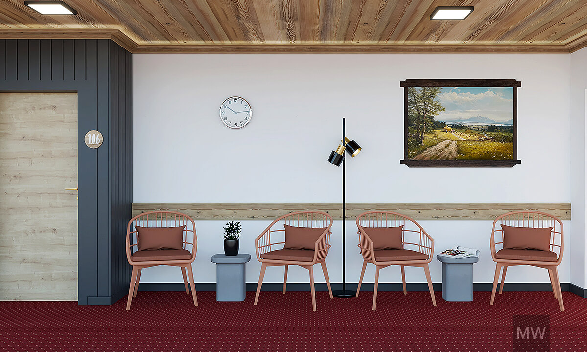 Design interior pensiune - hol rustic Hol rustic cu tavan din lemn și lumină ambientală.
