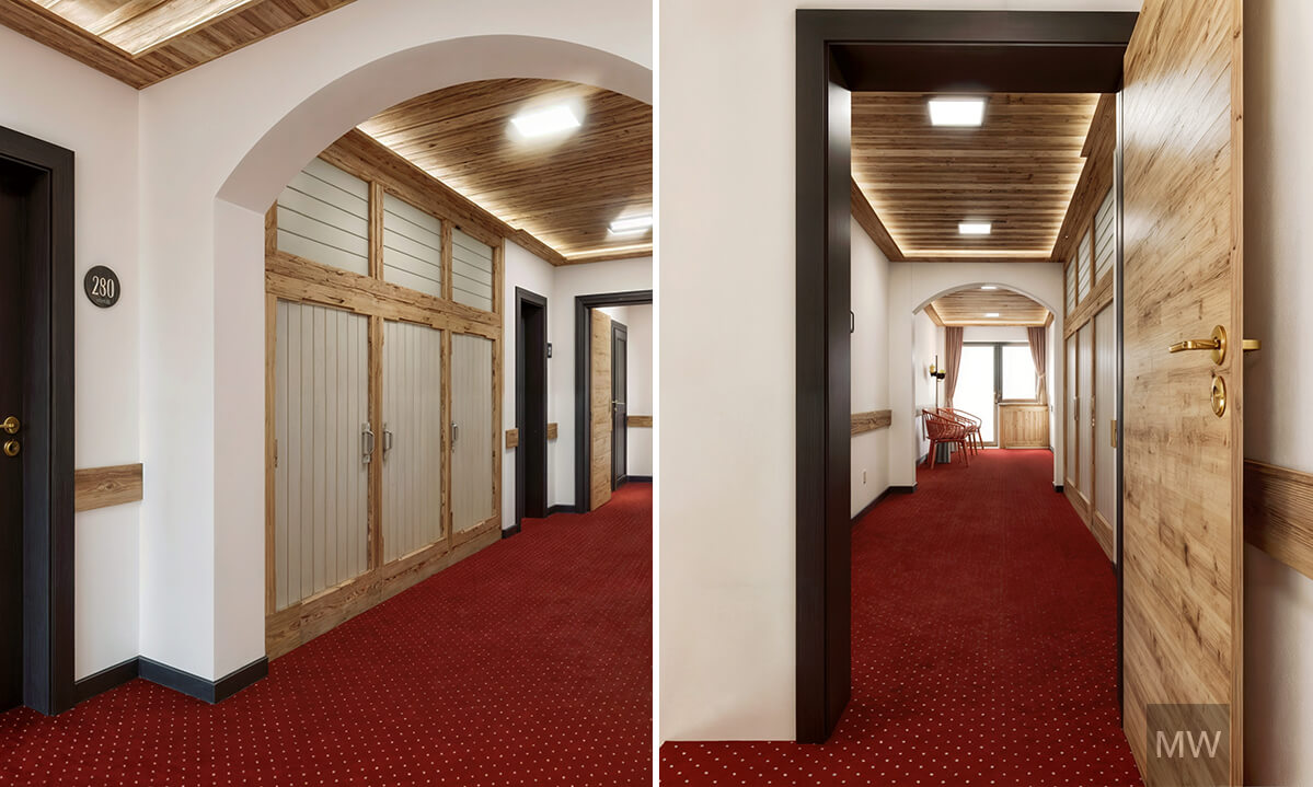 Design interior pensiune - coridor pensiune Coridor pensiune modernă cu detalii rustice.