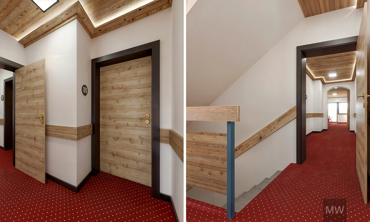 Design interior pensiune - coridor cu elemente rustice Coridor interior pensiune rustică cu detalii elegante.