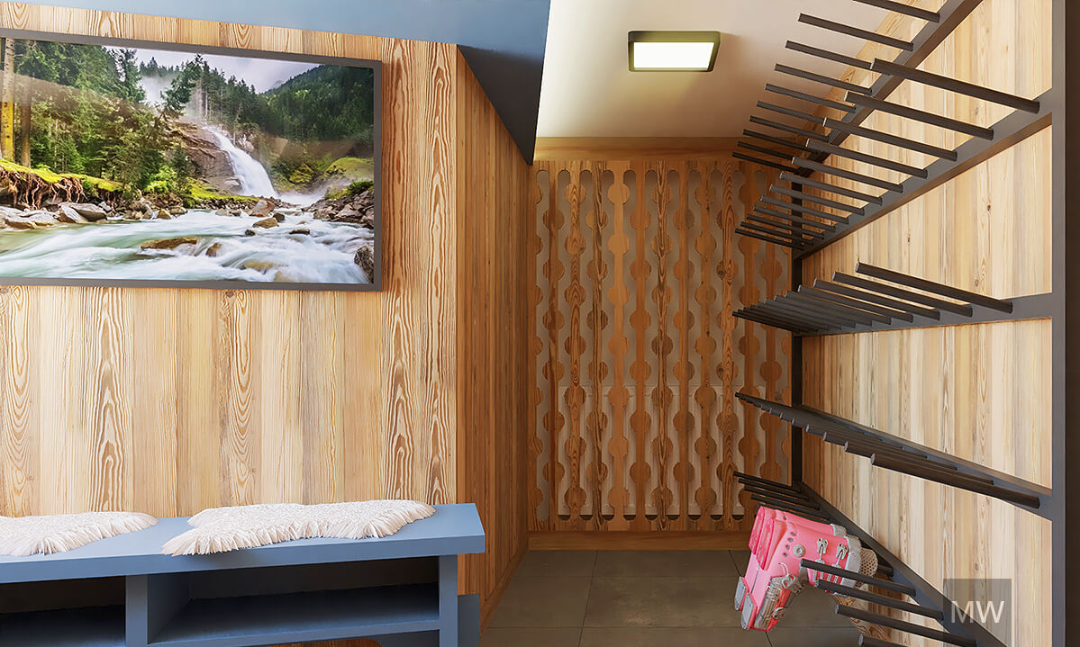 Design interior pensiune - spațiu de uscare bocanci de schi Spațiu interior pentru uscat clăpari de schi cu mobilier rustic.