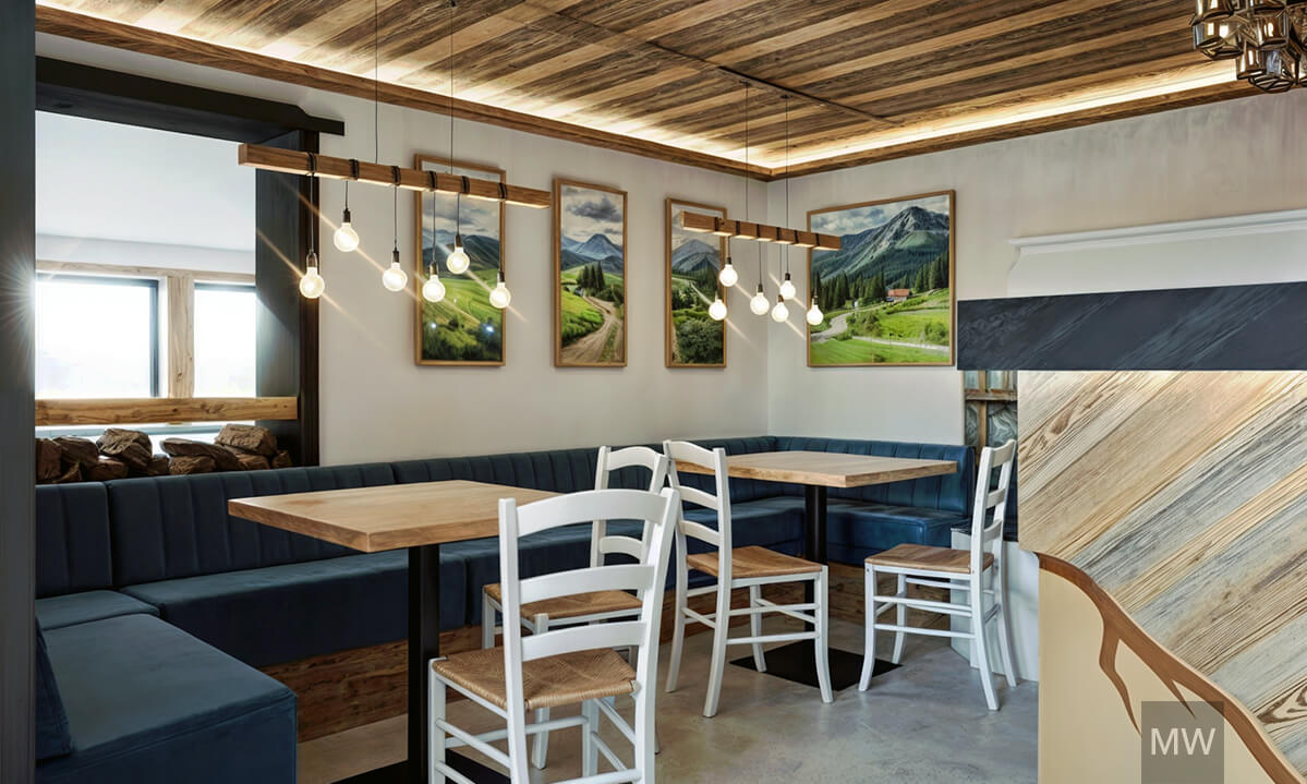 Design interior pensiune - zonă de relaxare rustică Randare 3D realizat de Most Wanted Design pentru proiectul din Kitzbuhel. Intrarea în zona de bar, cu canapele albastre și scaune albe combinate cu un tavan din lemn.