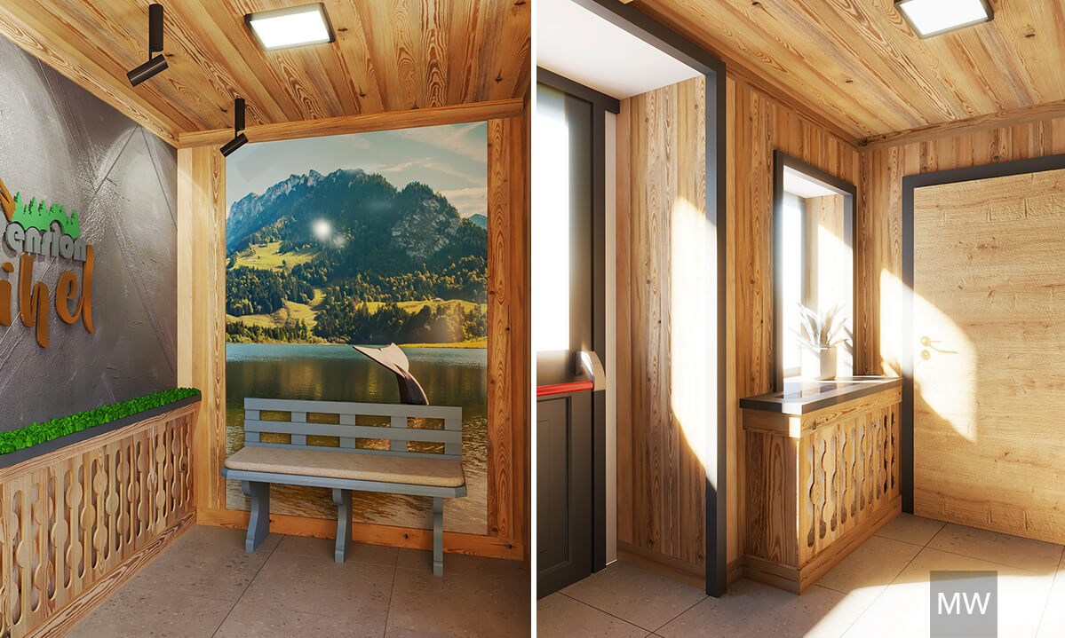 Design interior pensiune - hol cu detalii rustice Holul pensiunii cu bancă din lemn și mural pe fundal.
