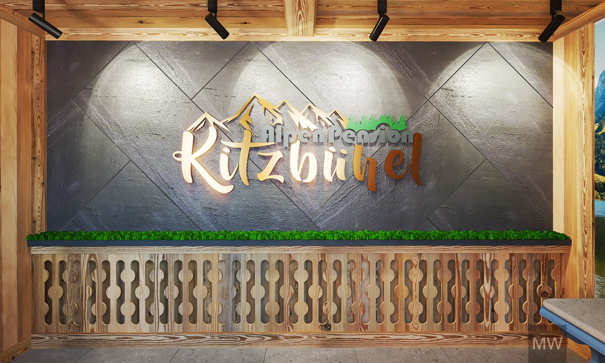 Design interior pensiune - lobby primitor Lobby rustic cu logo Kitzbuhel Alpen Pension.
