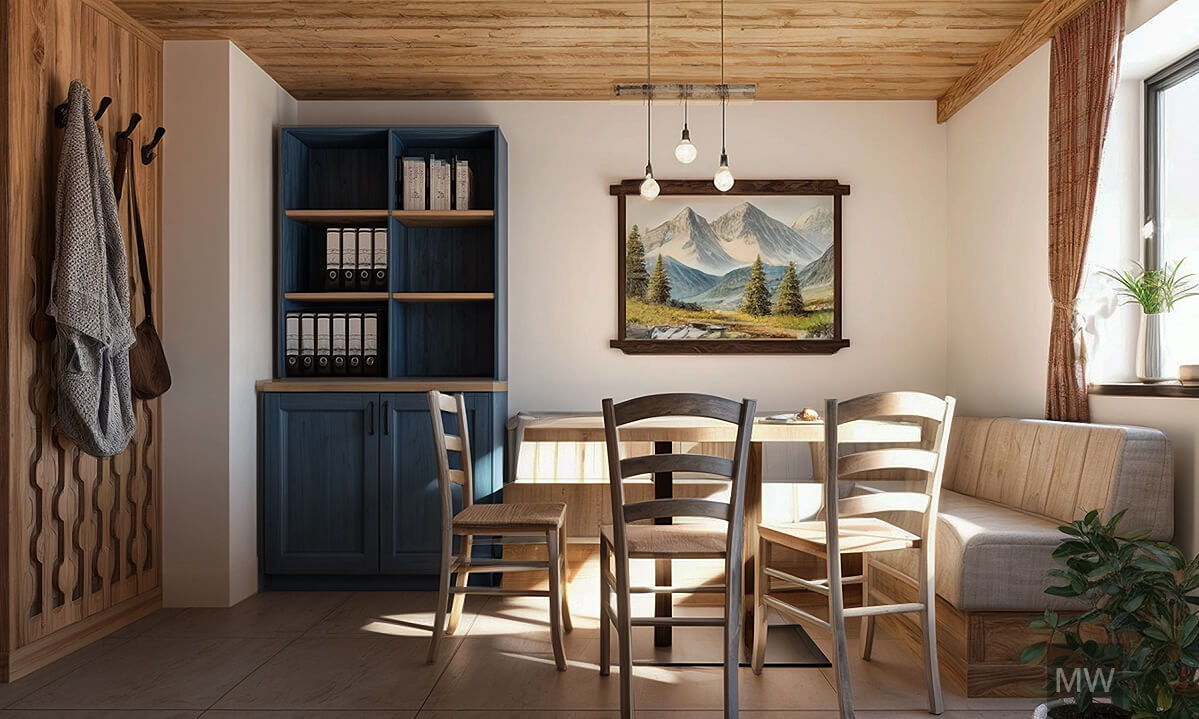 Design interior pensiune - dining room rustic Dining room rustic cu perete din lemn și mobilă albastră.