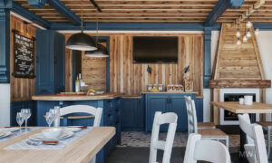 kitzbuhel most wanted design 3d rendering, restaurant, entrance to the kitchen and the fireplace, blue accents and old wood wall and ceiling Vizualizare 3D de Most Wanted Design Cluj. Imaginea surprinde intrarea în bucătărie și șemineu, nuanțe albastre, pereți și tavan din lemn vechi, mobilă cu accente de culori albastre.