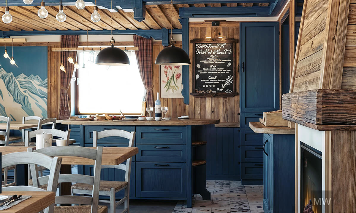 kitzbuhel most wanted design 3d rendering, restaurant with the old ceiling, alpin blue beams and a fireplace and serving line Imaginea randată 3d prezintă restaurantul cu tavanul vechi, grinzi alpine blue, șemineu și linia de servire. Atmosferă caldă și autentică a stilului rustic alpin de design interior.