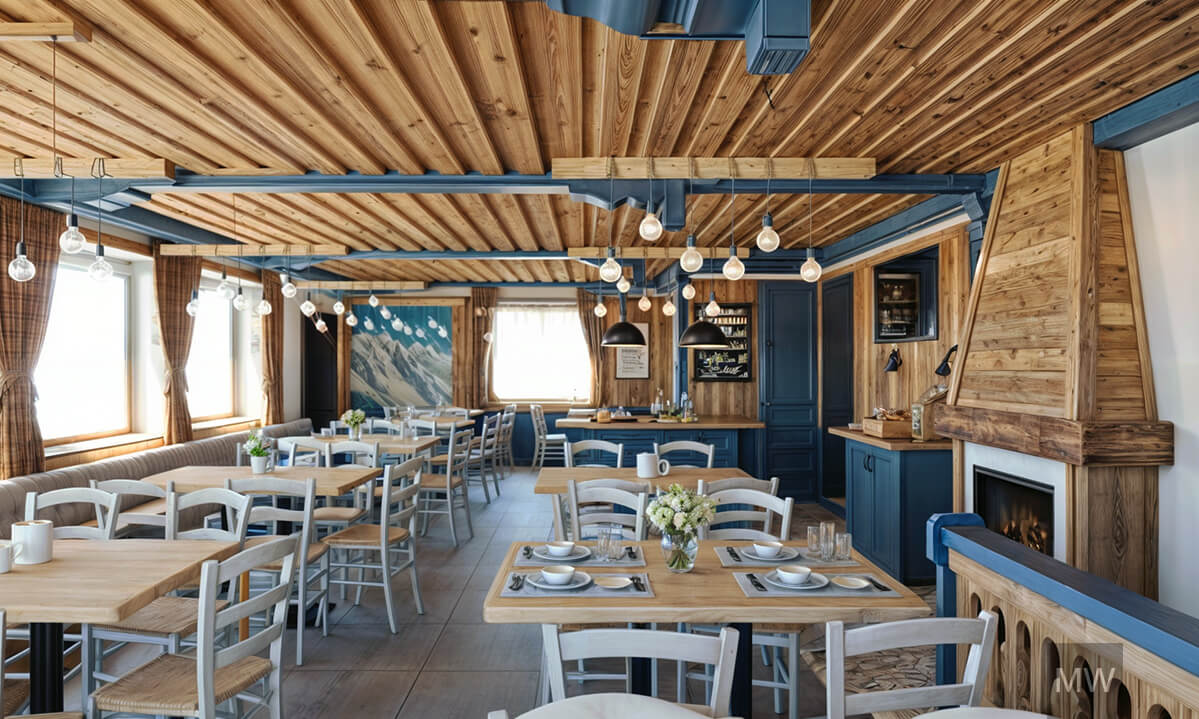 kitzbuhel most wanted design 3d rendering, restaurant with the old ceiling, alpin blue beams and a fireplace 3D de Most Wanted Design pentru proiectul din Kitzbuhel. Imaginea prezintă restaurantul cu tavanul vechi, grinzi alpine albue și șemineu.