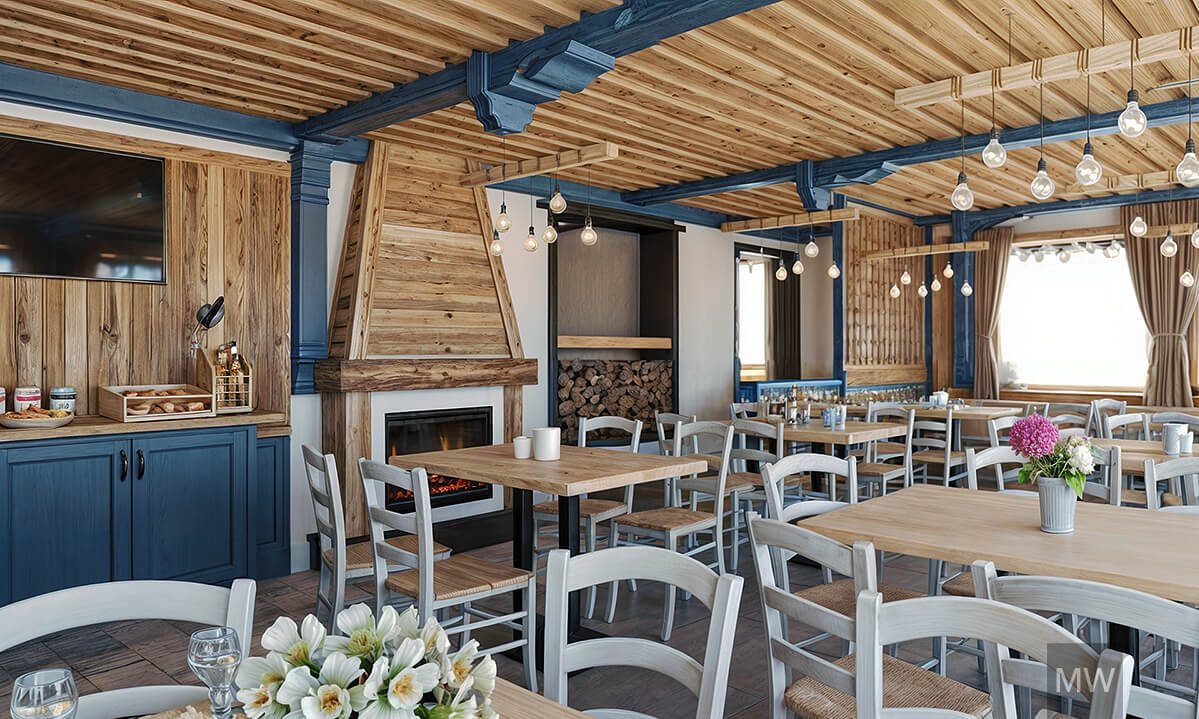 kitzbuhel most wanted design 3d rendering, restaurant with the old ceiling, alpin blue beams entrance with a separator and rustiq feel Imaginea surprinde atmosfera rustică a restaurantului, cu tavanul vechi, grinzi alpine albastre, intrare cu un separator, stil autentic rustic alpin.