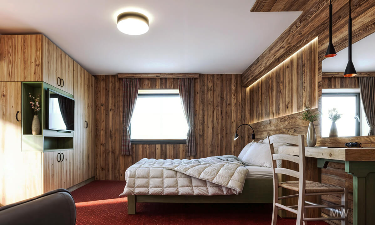 kitzbuhel most wanted design 3d rendering, room 001, old wood wall, built in dressing and storage space, tv mounted on it, greed accesnt in furniture, custom makeup table with green leg, wall with vizualizare 3D de Most Wanted Design și design interior pensiune pentru Kitzbuhel. Perete din lemn vechi, spații ingenioase de depozitare și dressing, televizor montat pe mobilă, accente de verde în mobilier și masă de machiaj personalizată cu picior verde, alături de un decor distinctiv.