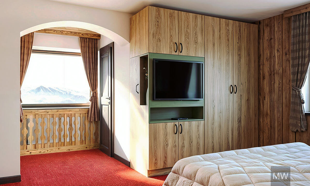 kitzbuhel most wanted design 3d rendering, room 001, old wood wall, built in dressing and storage space, tv mounted on it, greed accesnt in furniture Vizualizare 3D și design interior realizat de Most Wanted Design Cluj. Perete din lemn vechi, spații de depozitare și dressing integrate, televizor montat pe mobilă, accente verzi în mobilier.