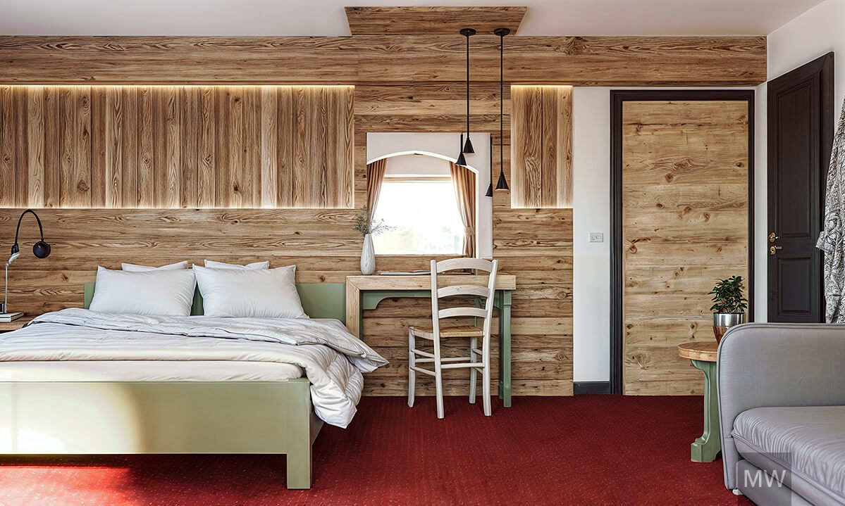 kitzbuhel most wanted design 3d rendering, room 001, old wood wall, entrance, green bed frame Design interior cameră pensiune Kitzbuhel. Randare 3D de Most Wanted Design Cluj. Perete acoperit cu lemn recuperat și pat cu rama verde, această cameră emană un farmec rustic și autentic.