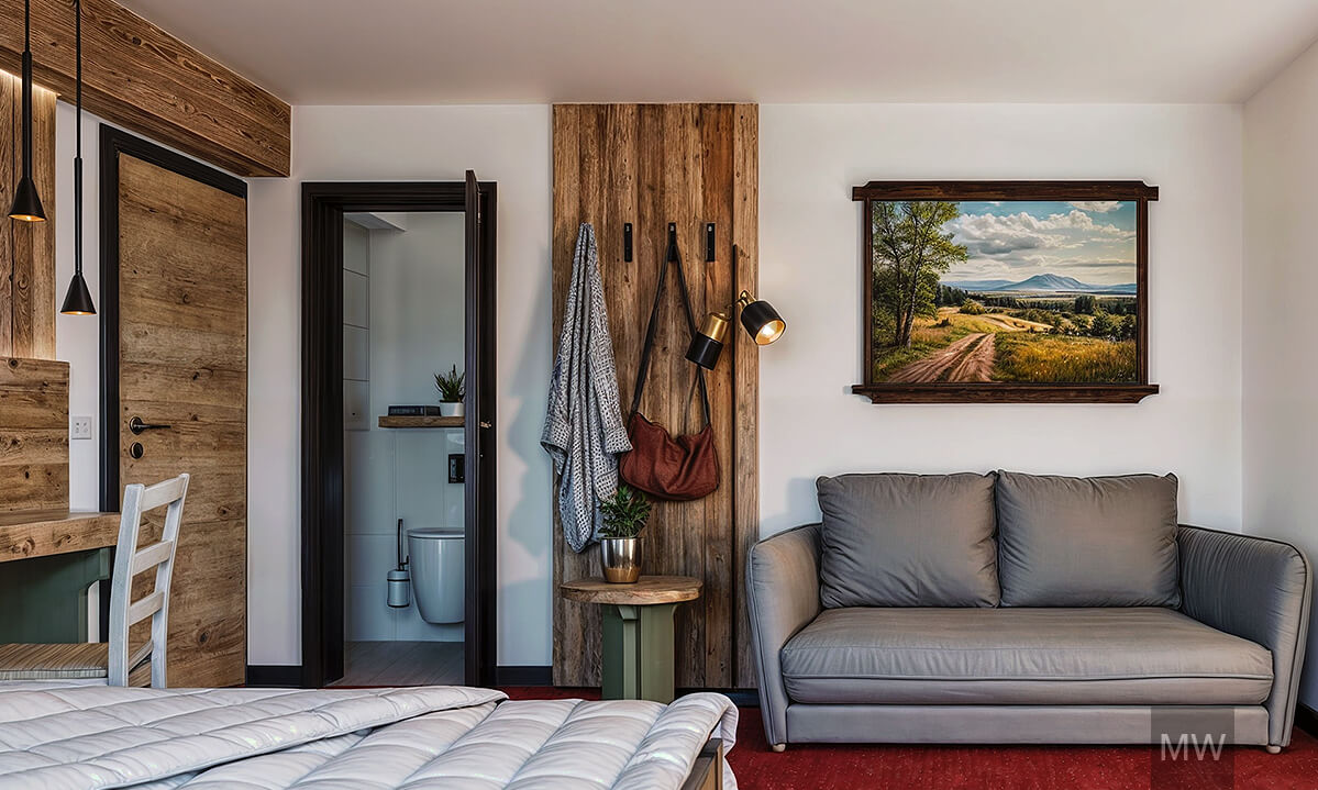 kitzbuhel most wanted design 3d rendering, room 001, old wood wall with hanger and oil painting in old frame, gray couch Design interior pensiune Kitzbuhel Alpen Pension. Randare 3D de Most Wanted Design. Un perete din lemn vechi decorat, agățător de haine și o pictură într-o ramă veche. Camera emană un farmec rustic și autentic. Completată cu o canapea gri, oferă un spațiu relaxant și confortabil.