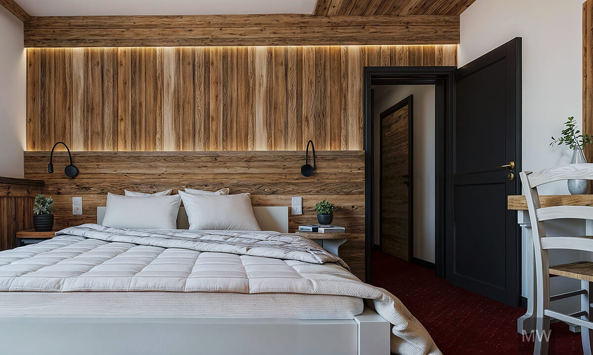 kitzbuhel most wanted design 3d rendering, room 101, old wood wall with led lights, flowers on the bed side tables, door is opened to corridor Randare 3D de Most Wanted Design Cluj. Design interior cameră de pensiune în stil rustic. Perete din lemn recuperat, iluminat cu LED-uri, flori pe noptiere, iar ușa este deschisă spre coridor.