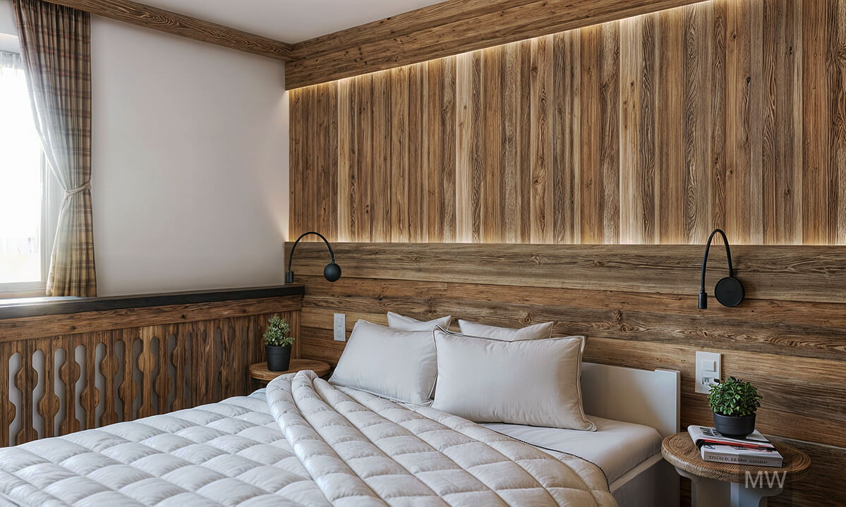 kitzbuhel most wanted design 3d rendering, room 101, old wood wall with led lights, heater mask and custom bedside table Design interior și randare 3d de cameră de pensiune în stil rustic. Perete placat cu lemn vechi iluminat cu LED-uri, mască de calorifer și o noptieră personalizată, care adaugă un farmec distinct spațiului.