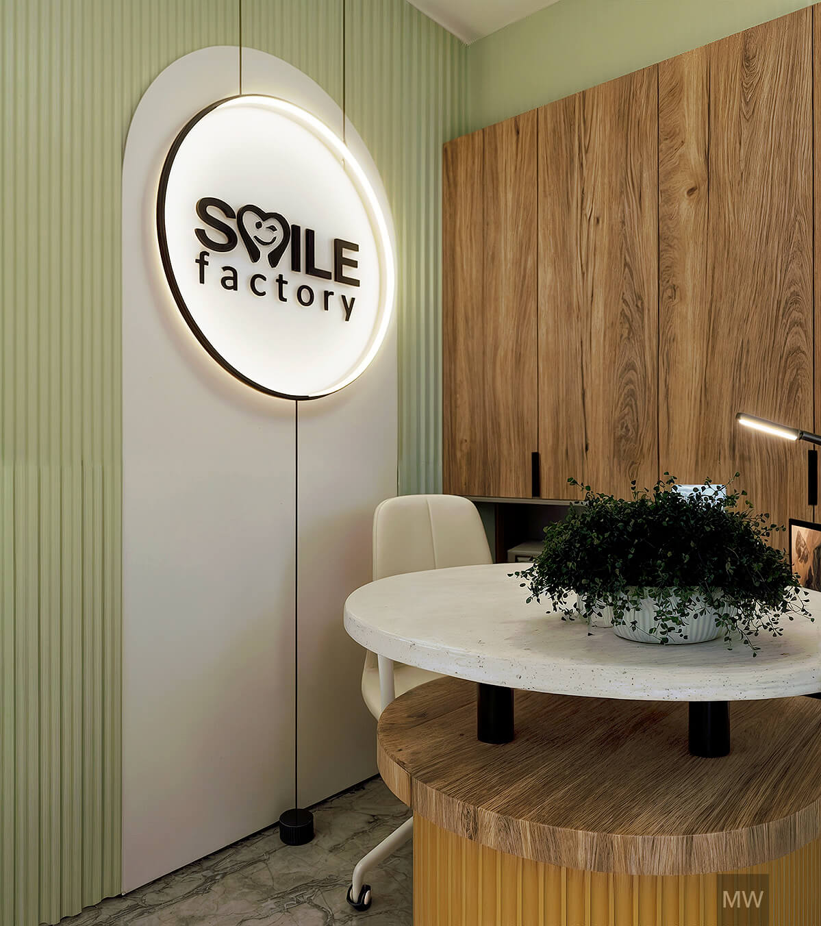 logo iluminat si zona de dupa receptie la clinica dentara smile factory, design interior most wanted logo iluminat si zona de dupa receptie la clinica dentara smile factory, design interior most wanted