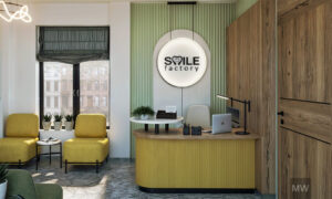 vedere de la intrare in clinica dentara smile factory, receptie rotunjita din mdf vopsit, randari 3d si design most wanted cluj vedere de la intrare in clinica dentara smile factory, receptie rotunjita din mdf vopsit, randari 3d si design most wanted cluj