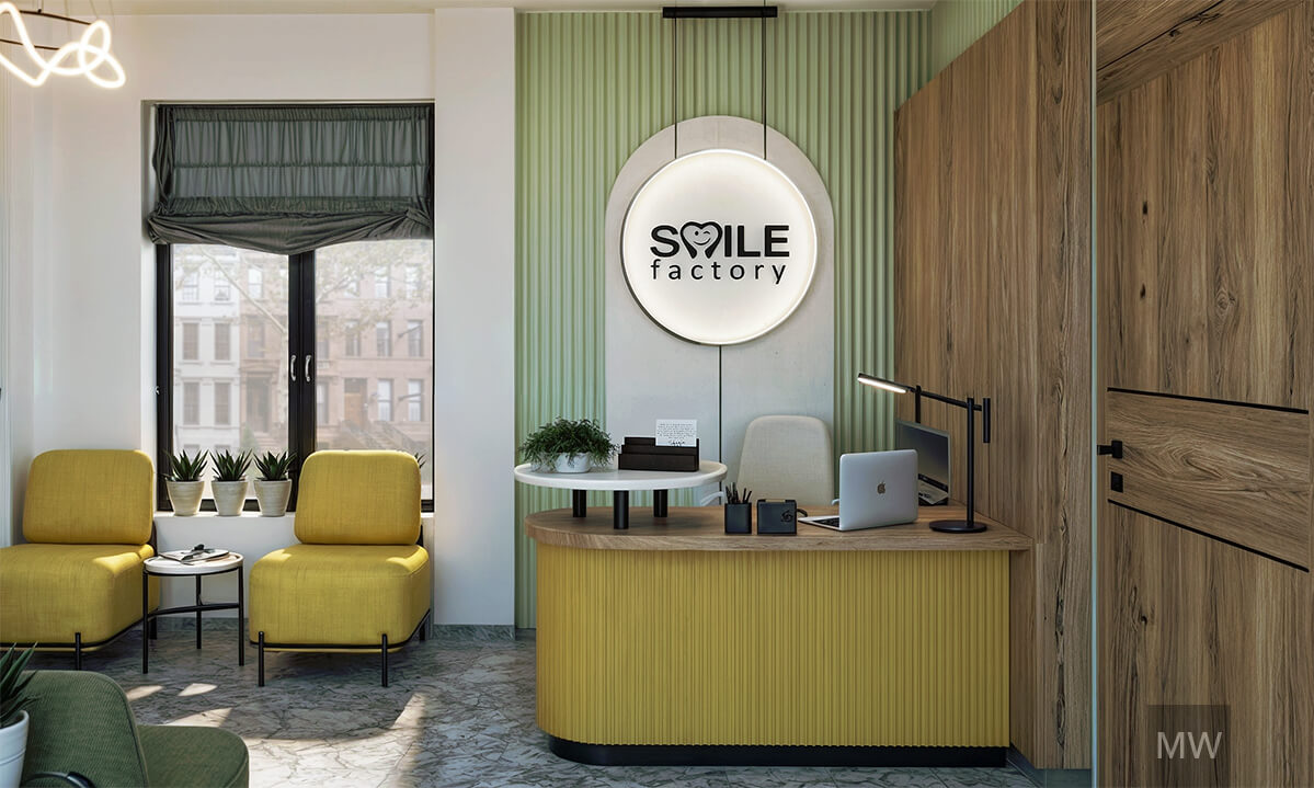 vedere de la intrare in clinica dentara smile factory, receptie rotunjita din mdf vopsit, randari 3d si design most wanted cluj vedere de la intrare in clinica dentara smile factory, receptie rotunjita din mdf vopsit, randari 3d si design most wanted cluj