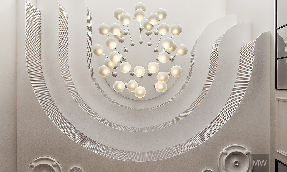 03_Randare 3d_ design interior restaurant_most wanted_showcase Modern architectural space with white decor, ribbed arches, and spherical lights, showcasing a 3D rendering by Most Wanted Design.