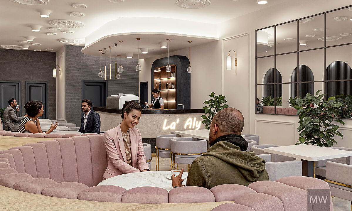 04_Randare 3d_ design interior restaurant_most wanted_showcase Modern upscale cafe with circular lights, pink booth seating, and people engaged in conversation, featuring a 3D rendering by Most Wanted Design.