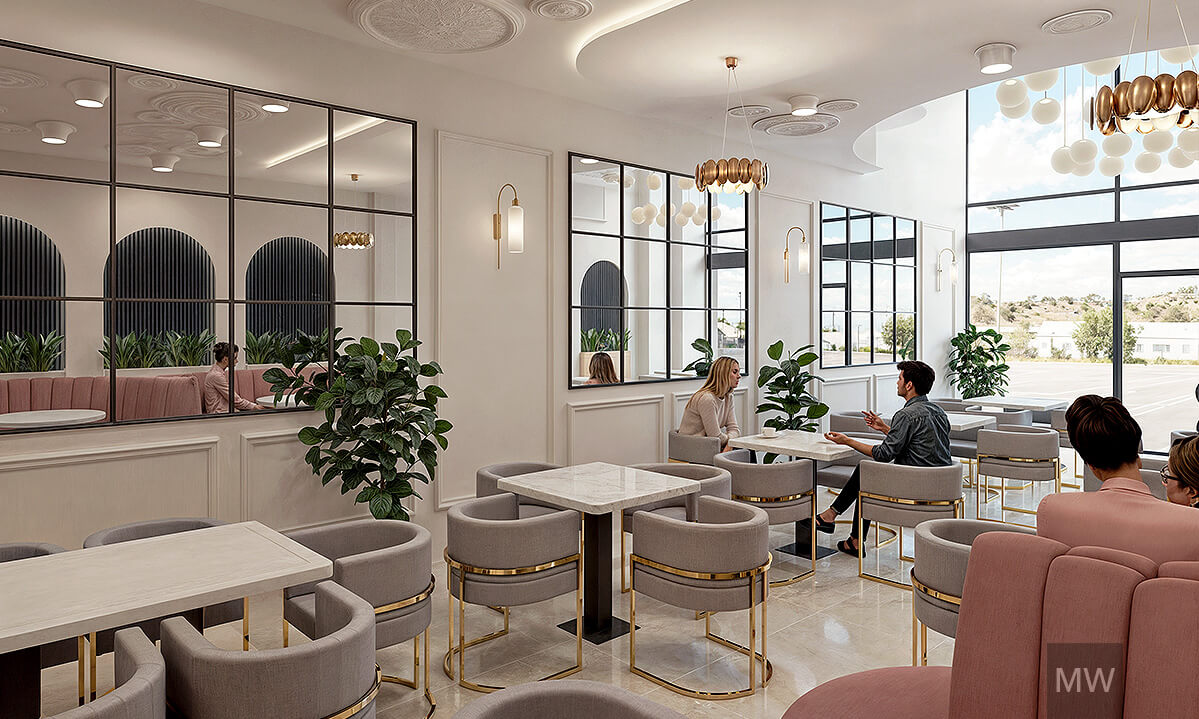 06_Randare 3d_ design interior restaurant_most wanted_showcase Elegant cafe interior featuring marble tables, plush chairs, and natural light, showcasing a 3D rendering by Most Wanted Design.