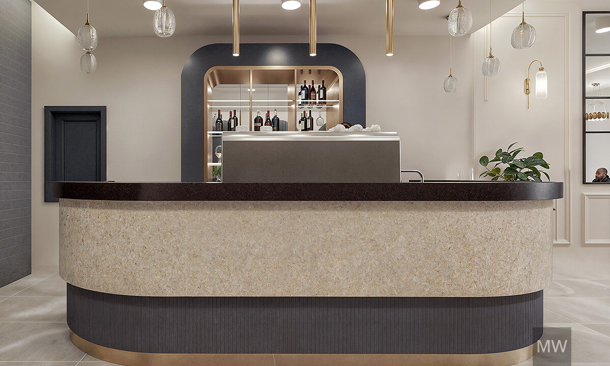 07_Randare 3d_ design interior restaurant_most wanted_showcase Elegant bar interior featuring a curved countertop, pendant lights, and a neutral color palette, showcasing a 3D rendering by Most Wanted Design.