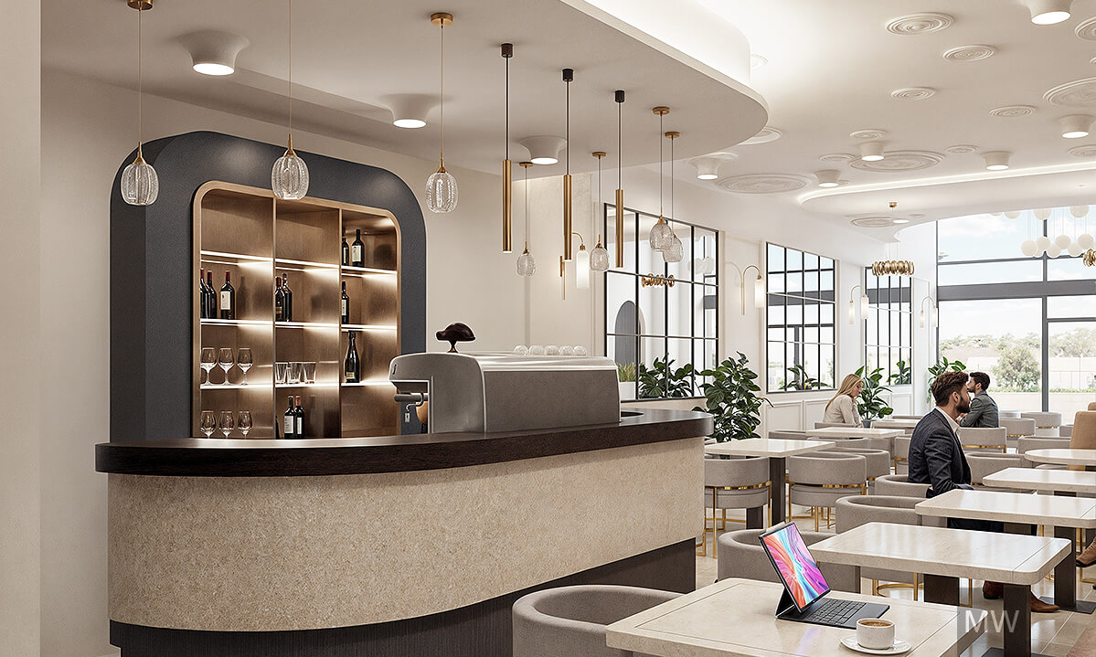 08_Randare 3d_ design interior restaurant_most wanted_showcase Modern cafe interior with a curved counter, geometric pendant lights, and a welcoming ambiance, featuring a 3D rendering by Most Wanted Design.