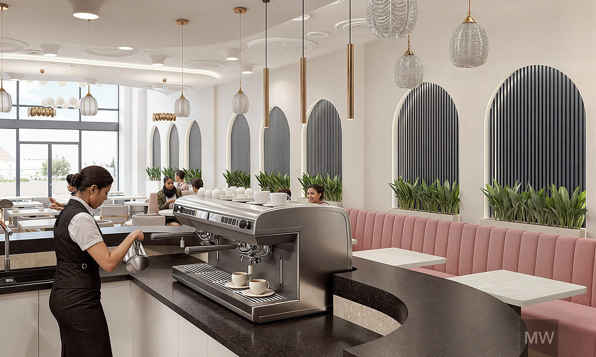 09_Randare 3d_ design interior restaurant_most wanted_showcase Upscale cafe interior featuring a female barista at a black counter, modern lighting, and plush pink seating.