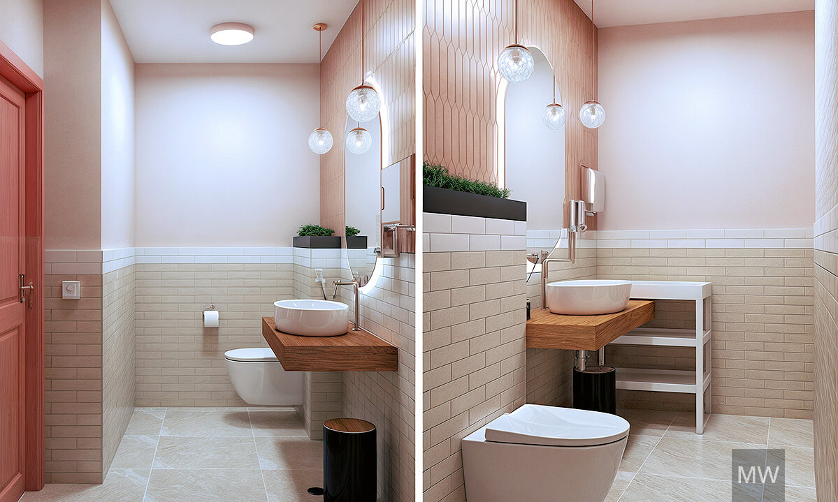 11_Randare 3d_ design interior restaurant_most wanted_showcase Modern bathroom interior featuring a white sink, wooden wall, and hanging pendant lights.