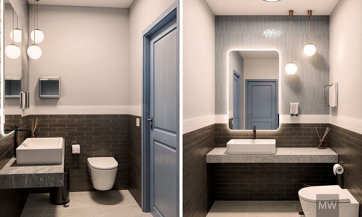 12_Randare 3d_ design interior restaurant_most wanted_showcase Side-by-side views of a modern bathroom featuring a geometric mirror, sink, and distinct design elements.