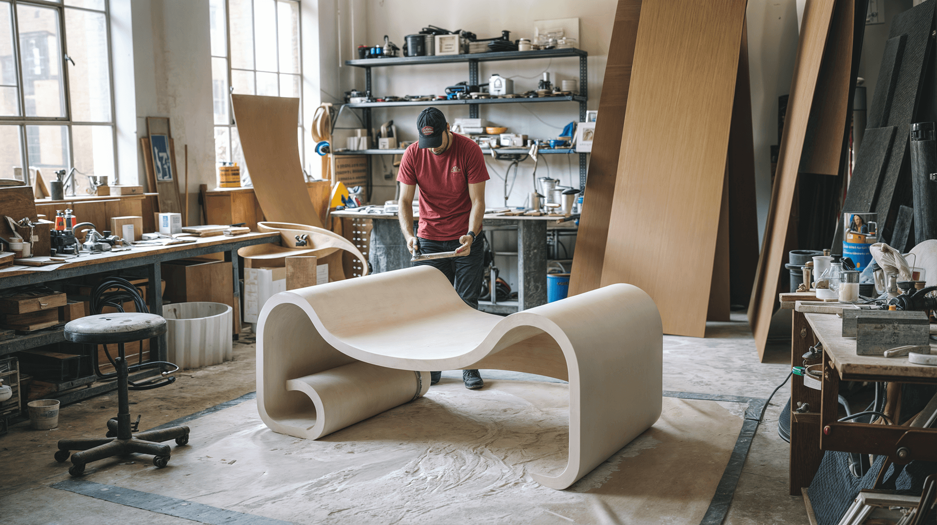 Atelier de lucru – Proces de creație în design horeca Atelier de lucru cu un bărbat care modelează un obiect alb mare, cu detalii de praf de cretă pe podea și un mediu de lucru variat în fundal. horeca